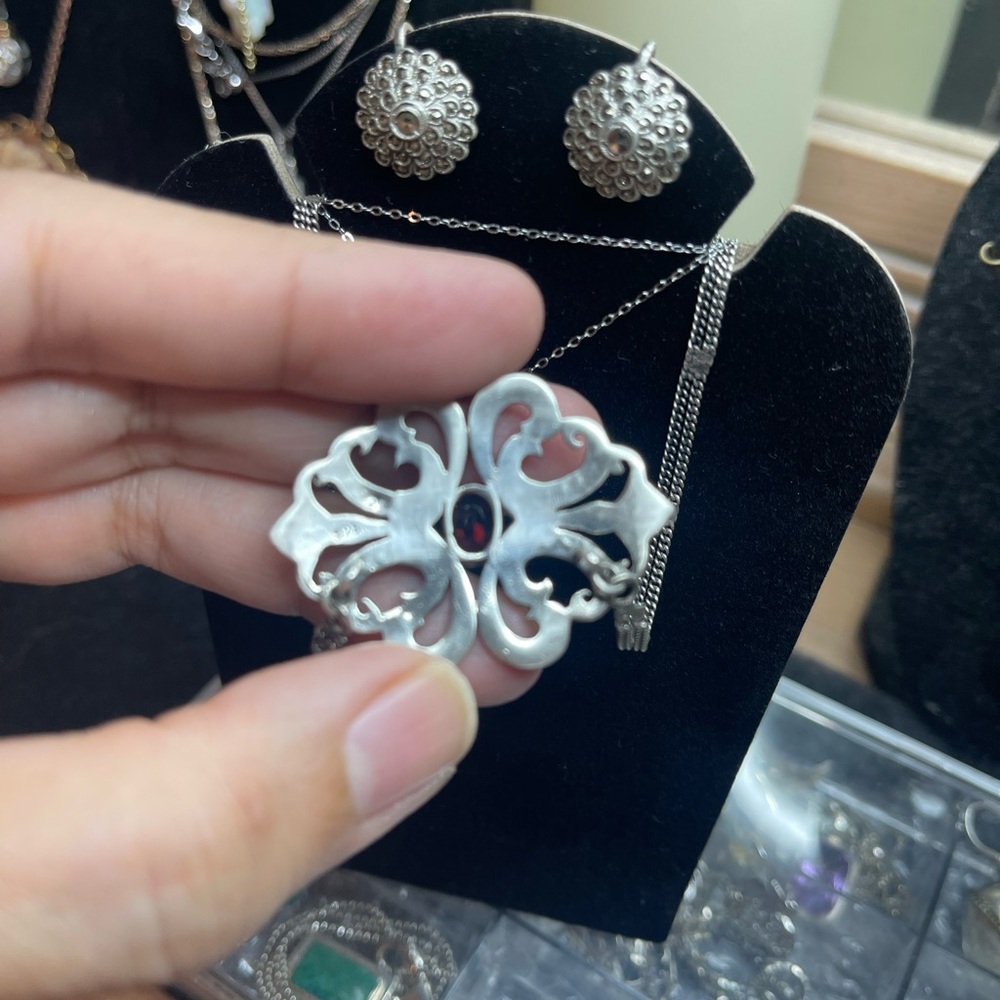 Silver 925 Floral Filigree Pendant Necklace VINTAGE - Picture 4 of 8